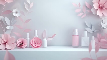 Poster - Background display for cosmetic product presentation featuring an empty showcase with 3D floral paper illustrations