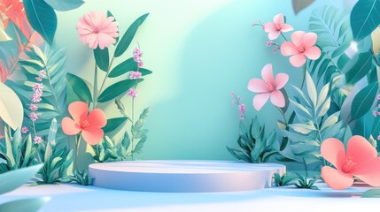 Poster - Abstract pastel illustration of nature featuring flowers leaves and trees on a podium stand Charming cartoon style natural landscape background depicting a vibrant spring scene with minimalistic d
