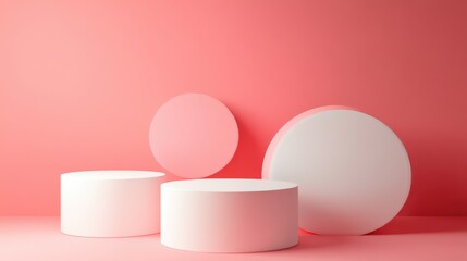 Poster - Abstract geometric setting featuring white podiums set against a solid pink backdrop 3D illustration