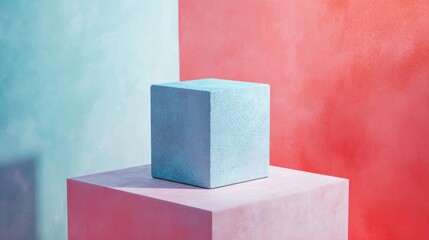 Poster - Minimalist summer concept featuring a blue cube against a pastel background 3D rendering