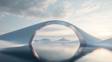 Poster - Surreal dreamlike landscape featuring abstract dunes set in a winter scene complemented by a geometric arch Fantasy island view with water and a naturally cloudy sky highlighted by a metallic mirr