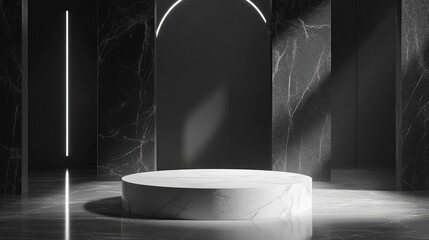Poster - Black and white exhibition stage with a podium for product advertising featuring an empty luxury pedestal in a 3D rendered scene