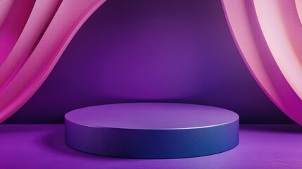 Fototapete - Glossy purple and pink podium with an abstract geometric background Circular platform designed for showcasing cosmetic products featuring a minimalist mock up scene and conceptual template 3D rend