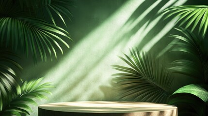 Aufkleber - Tropical podium background for showcasing products featuring palm leaf shadows 3D rendering from an overhead perspective