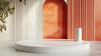 Poster - Minimal exhibition podium scene with a low polygon background wall 3D rendering of a display stand