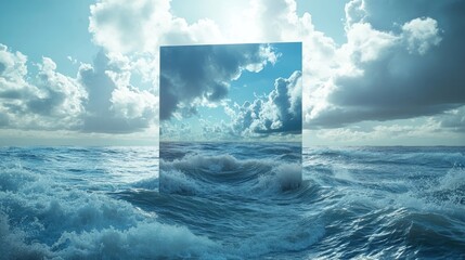 Aufkleber - Stunning 3D rendered surreal aquatic background featuring a large mirror panel amidst the sea Panoramic fantasy scene showcasing reflections of a dramatic sky and ocean waves