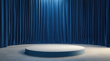 Aufkleber - A podium on an empty stage featuring blue curtains and a concrete floor illustrating the concept of stand up and speech 3D rendering