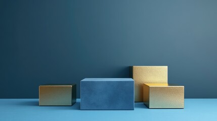 Aufkleber - Blue and gold cube podium on a blue background Abstract minimal geometric shape in a studio setting Mockup space for product design display 3D rendering