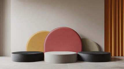 Poster - 3D rendering of geometric semi circle shapes in a product stand featuring tropical and luxurious colors with a minimal modern design