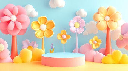 Poster - Abstract pastel illustration of nature featuring flowers leaves and trees on a podium stand Charming cartoon style natural landscape background depicting a vibrant spring scene with minimalistic d