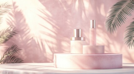 Poster - Minimal 3D rendered scene featuring a podium display and an abstract background for showcasing cosmetic products