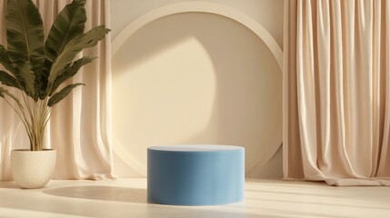 Poster - Empty luxury blue cylinder podium with a cream circle arch and curtain backdrop Abstract minimalistic 3D geometric shape for product display Pedestal mockup for design purposes 3D render