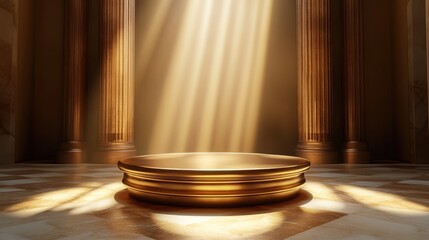 Fototapete - Elegant golden pedestal in an empty room bathed in a warm spotlight creating a soft atmosphere Background graphic element luxury concept 3D render