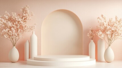 Poster - Simple geometric symmetrical elements in a product display background with a beige pastel color and a recessed wall in 3D rendering