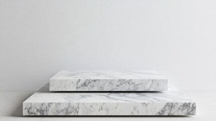 Poster - 3D rendering of overlapping square marble pedestals designed for product displays on a white floor The podium is suitable for advertising and features a minimalist style against a white background