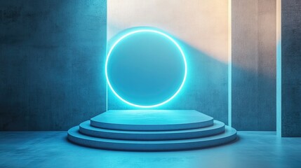 Poster - Blue light sphere podium for visual product presentation in a stylish space realistic 3D rendering