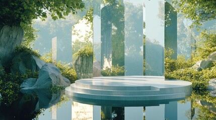 Poster - 3D rendering of a surreal landscape featuring a podium amidst water and lush greenery The podium is set against a backdrop of abstract glass and mirrored shapes creating a fantastical and futurist