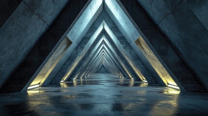 Poster - Triangle Shaped Concrete Structures in an Underground Construction Tunnel with Dark Empty Sci Fi Atmosphere and Futuristic LED Lighting 3D Rendered Illustration