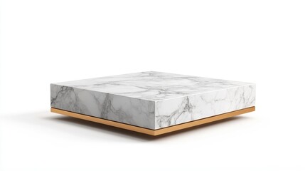 Poster - 3D rendering of a square marble pedestal with a golden square frame bending into an overlapping artistic dimension suitable for advertising isolated on a white background in a minimalist style