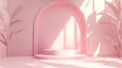 Poster - Minimalist 3D pink podium set against a soft pastel background featuring an abstract geometric shape illustration
