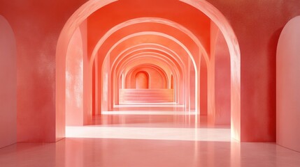Poster - Long tunnel featuring arches designed for product display podium in coral hues 3D rendering