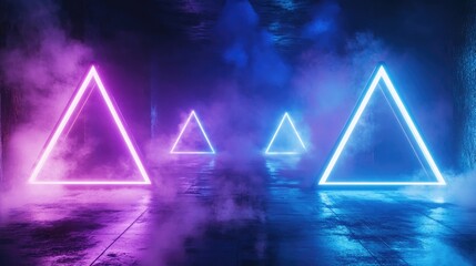 Poster - Smoke fog and mist envelop a neon lit futuristic podium featuring glowing laser triangles in blue and purple hues illuminating an underground corridor of a spaceship in a 3D rendering