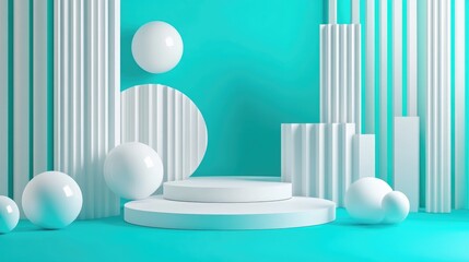 Fototapete - Abstract white product display featuring a cyan background and white geometric abstract shapes in 3D render illustration