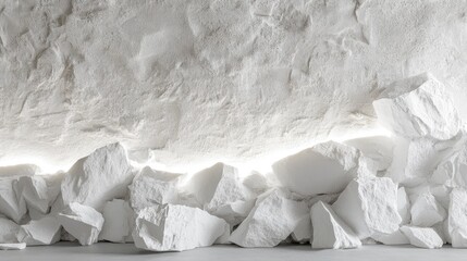 Poster - 3D rendering of white stone wall fragments with textured edges illuminated by neon white light set against a birch backdrop featuring rubble stone slabs for a product display background