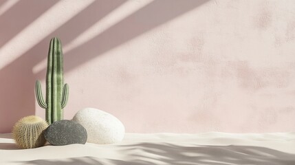 Poster - Abstract architectural design displayed against a pastel backdrop featuring shadows stones beach sand and a cactus Mockup for exhibitions product presentations therapy and relaxation 3D rendering