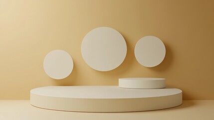 Poster - Geometric shapes on a white podium against a yellow backdrop Minimalist mockup 3D render illustration