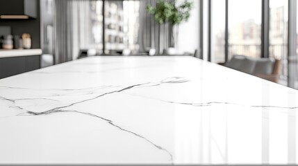 Poster - White marble table surface with a blurred abstract interior background suitable for product display or montage