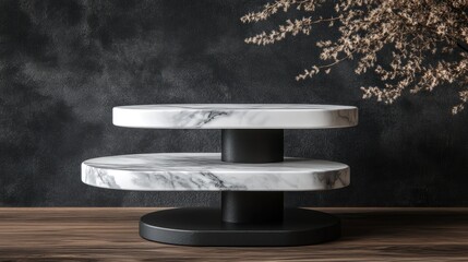 Aufkleber - Two tier product display stand crafted from white marble and black wood featuring ample copy space for content design or background replacement 3D rendering for advertising purposes