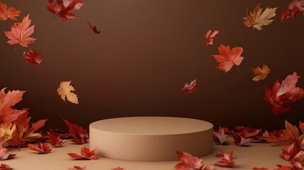 Poster - Autumn themed mockup banner featuring a vacant brown paper podium adorned with vibrant autumn leaves set against a brown backdrop 3D rendering and illustration
