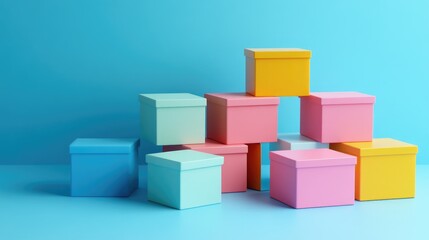 Aufkleber - Vibrant pastel colored boxes on a bright blue backdrop Minimalistic design 3D rendering