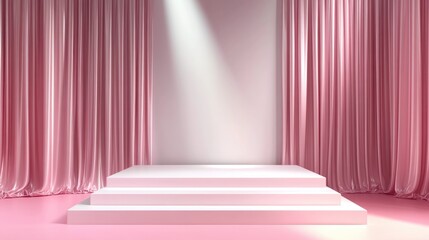 Poster - 3D illustration of a pink square room with a white platform podium stage backdrop