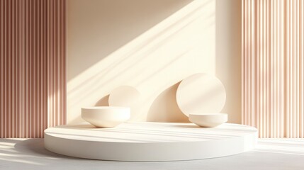 Aufkleber - Abstract realistic 3D white pedestal podium arrangement with a minimalist pastel wall backdrop ideal for showcasing cosmetic products