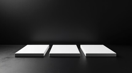 Fototapete - Vignette depiction of four white square platforms on a black background studio setting 3D render