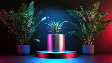 Poster - Isolated metal icon on a podium surrounded by three plants with multi colored lighting Orthogonal projection 3D render