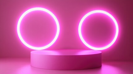 Aufkleber - Pink realistic 3D cylinder podium with glowing neon circular shape Abstract 3D rendering of geometric forms Minimalistic scene for stage showcasing and product mockup display