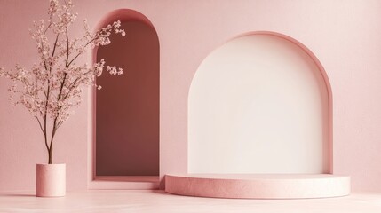 Poster - 3D render of a background featuring a pedestal and a showcase showcasing an abstract minimal concept with a blank space and a clean simple design ideal for a minimalist mockup