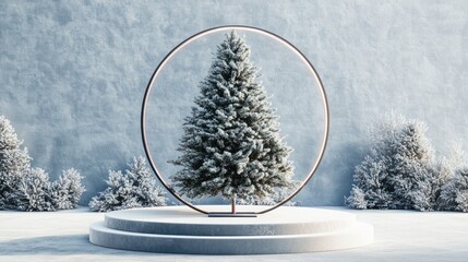 Poster - 3D display podium featuring a Christmas tree Winter scenery backdrop for product showcasing Minimalistic pedestal with a circular glass frame 3D rendered visualization