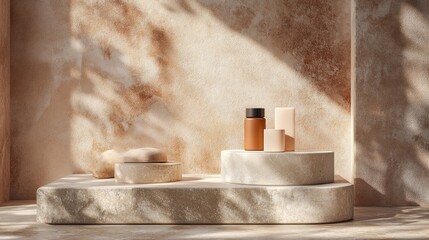 Poster - Stone podium for packaging and cosmetic showcase featuring natural shadow on the wall Product presentation with warm plaster texture themed around love Realistic rendering in 3D illustration