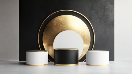 Poster - Collection of white black and gold geometric pedestals with a luxurious circular backdrop and pillar Abstract studio environment Minimalist setting for showcasing cosmetic products Promotional dis