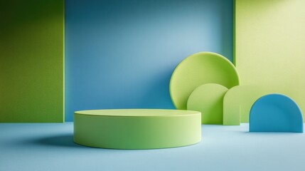 Poster - Minimalist green podium on a blue backdrop Geometric shape 3D rendering Suitable for product display