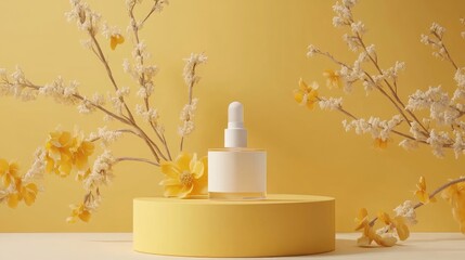 Poster - Yellow podium with matching background for product showcasing vacant displays premium cosmetics marketing 3D visualizations