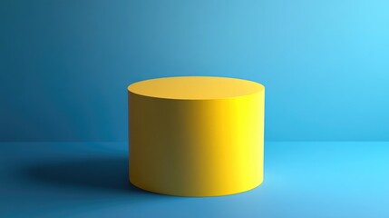 Poster - 3D rendered illustration featuring a geometric yellow cylindrical pedestal for showcasing cosmetic products Empty mock up design in an abstract composition with a modern blue background