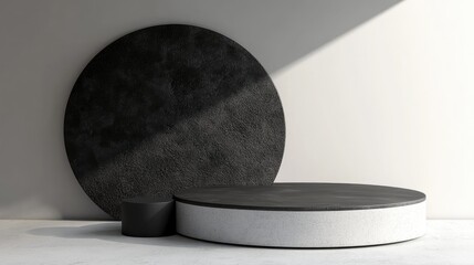 Leinwandbilder - Minimalist 3D gray and black cylindrical podium with an abstract geometric shape ideal for product presentations
