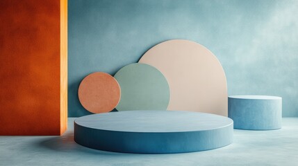 Poster - Light blue backdrop featuring a podium and minimal wall design blending abstract shapes in pastel hues Modern platform for showcasing 3D products illustrated in a contemporary style