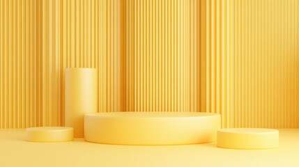 Aufkleber - 3D render of an abstract background featuring geometric shapes and a podium for product display Minimalistic design with a group of yellow elements