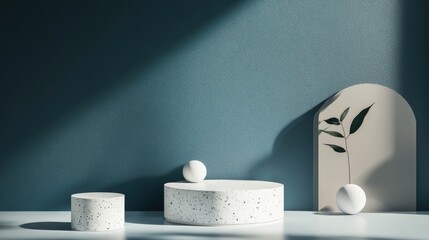 Poster - Minimalist podium mockup for product display featuring an abstract scene with a blue backdrop 3D rendering